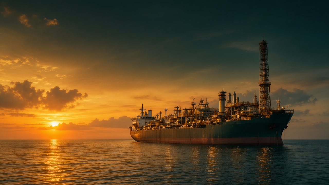 Offshore FPSO vessel at sunset — Suriname deepwater energy development